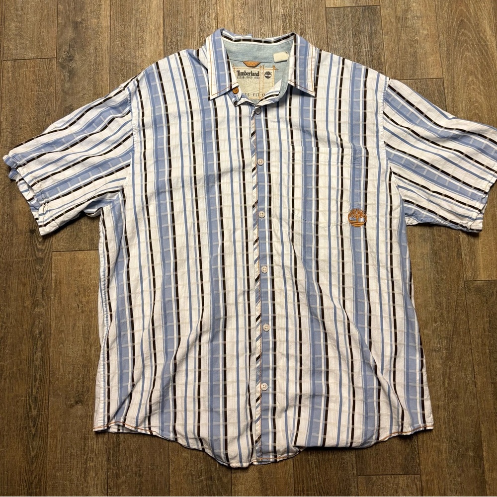 Timberland Men's Casual Blue and White Striped Shirt